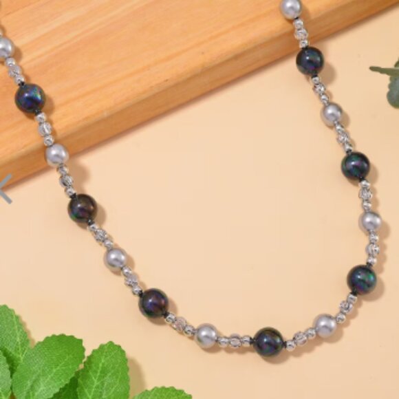 Peacock and Silver Color Shell Pearl Necklace in Silvertone 20-22 Inches - Picture 1 of 4